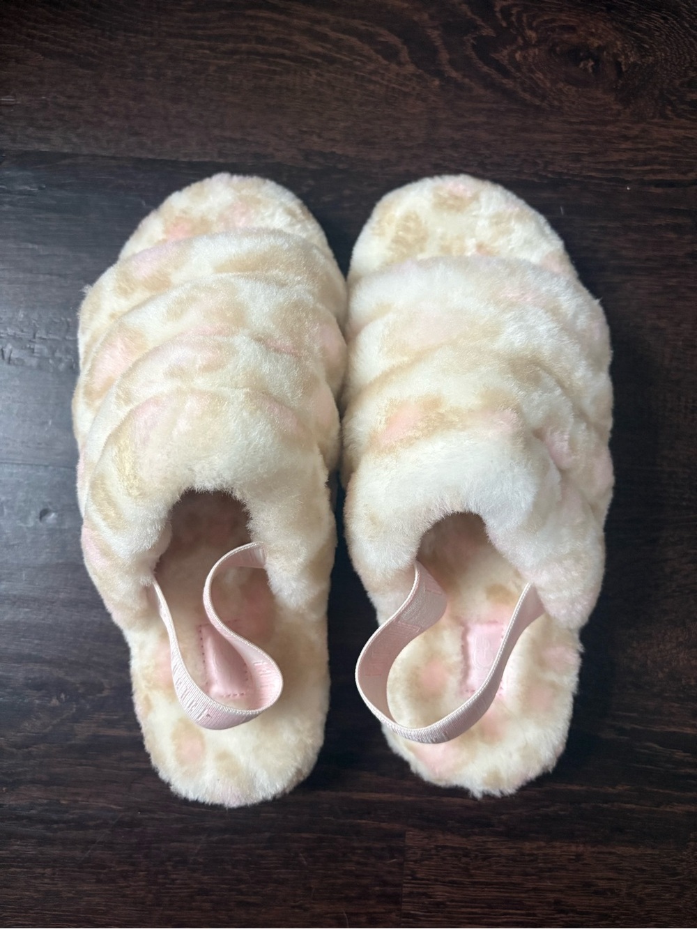 UGG Quilted Plush Open-Toe Slides in Cream and Light Pink